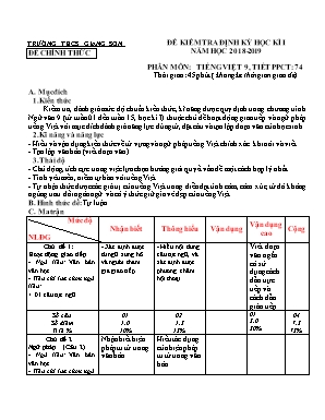 Đề kiểm tra định kì học kỳ I môn Tiếng Việt Lớp 9 - Tiết 74 - Năm học 2018-2019 - Trường THCS Giang Sơn (Có đáp án)
